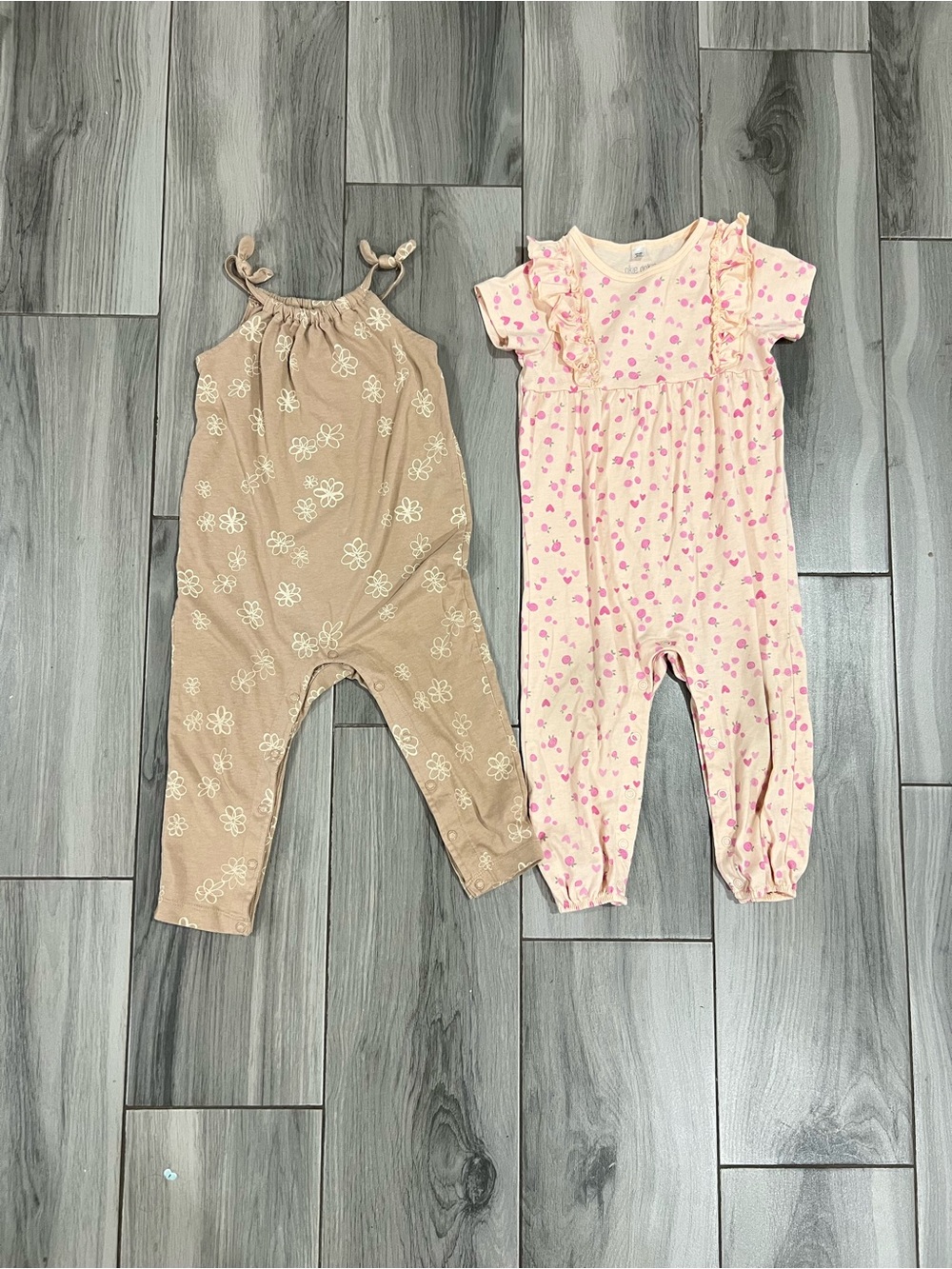 okie dokie Pink Heart & Tan Floral Rompers Set